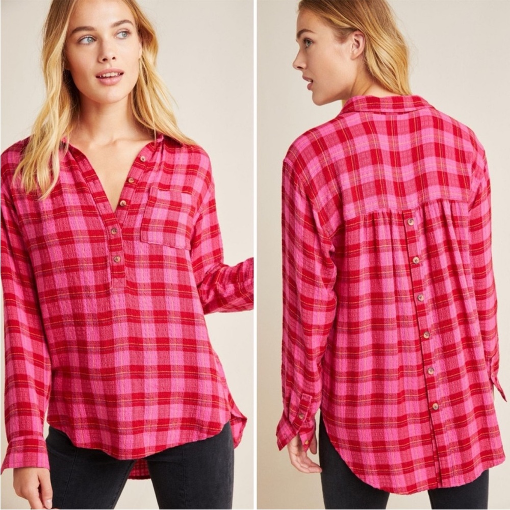 Anthropologie‎ Isadora Button-Back Tunic Posy Pink Shirt Blouse Top Plaid Medium